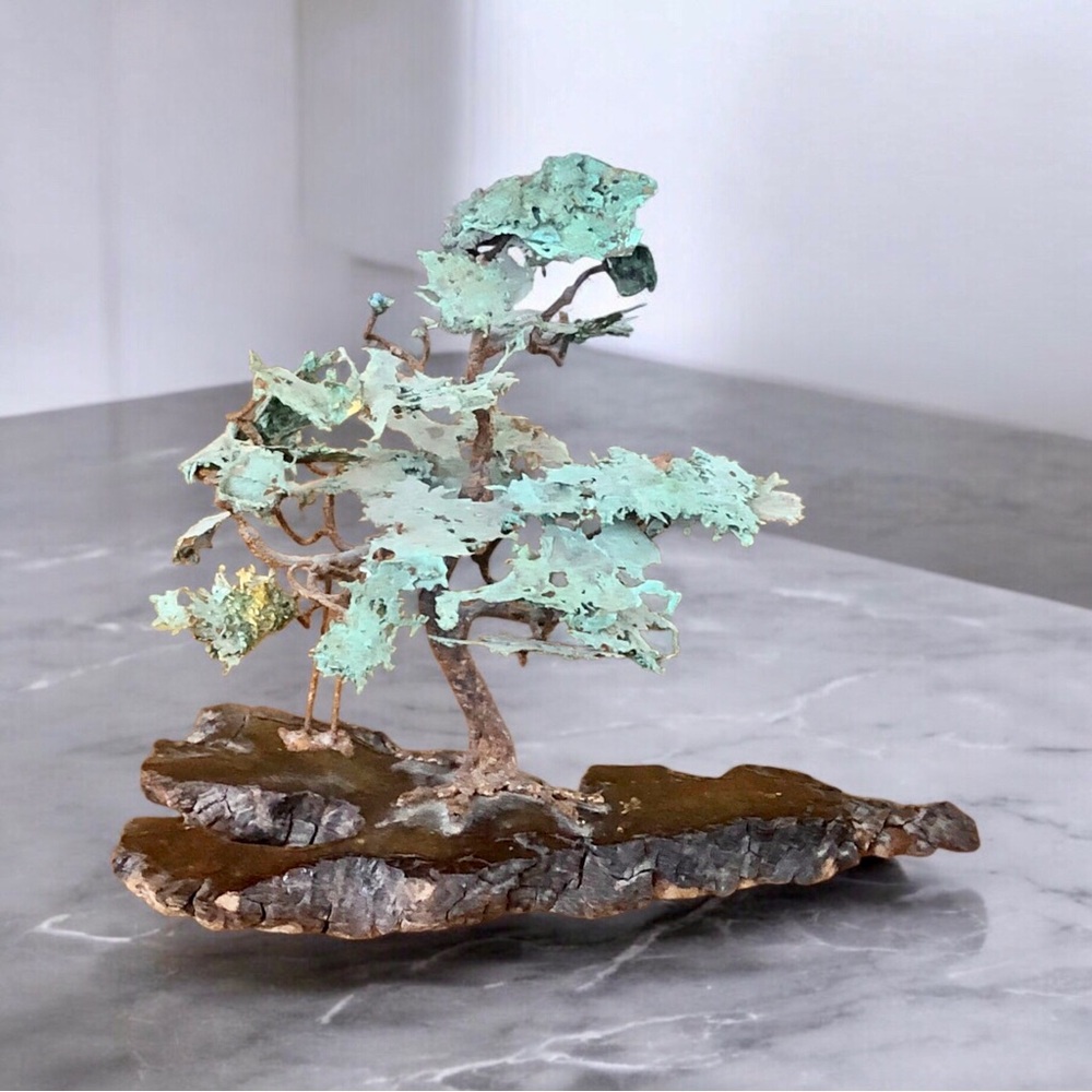 Brutalist Bonsai Cypress Tree Sculpture on Driftwood ￼Bronze Brass Green Patina